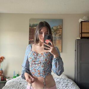 Blue flower, long sleeve corset top